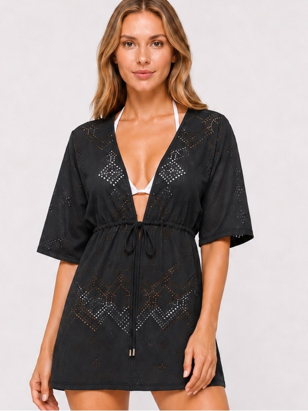 Ellen Weaver Medium Swim Cover Up Dress Plunge Neck Open Knit Beach Resort New
